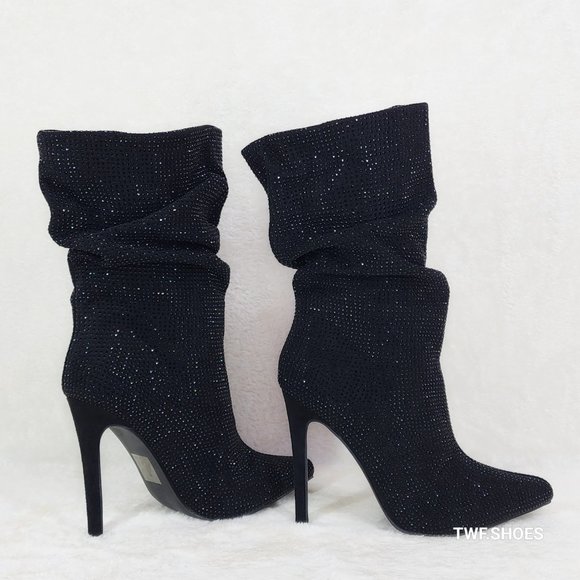 Resolve Sparkling Black Rhinestone High Heel Slouch Calf Boots New Years Bling - Picture 8 of 14